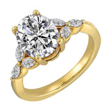 Elongated oval center framed by marquise diamond trios on each side and a pinched shank.