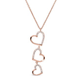 Rose gold finish sterling silver micropave three falling hearts pendant with simulated diamonds on 16-18 adjustable chain