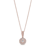 Rose gold finish sterling silver micropave halo pendant with simulated diamonds on 16-18 adjustable chain