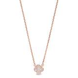Rose gold finish sterling silver micropave small clover shape necklace with simulated diamonds on 16-18 adjustable chain