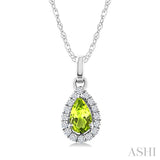 5x3 MM Pear Shape Peridot and 1/20 Ctw Round Cut Diamond Halo Semi-Precious Pendant with Chain in 10K White Gold