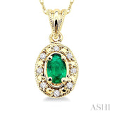 5x3 MM Oval Shape Emerald and 1/20 Ctw Single Cut Diamond Pendant in 14K Yellow Gold with Chain