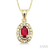 5x3 MM Oval Shape Ruby and 1/20 Ctw Single Cut Diamond Pendant in 14K Yellow Gold with Chain