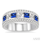 3x3 MM Princess Cut Sapphire and 3/8 Ctw Round Cut Diamond Precious Band in 14K White Gold