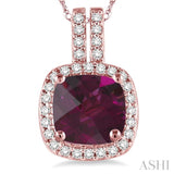 7x7 MM Cushion Shape Rhodolite Garnet and 1/5 Ctw Round Cut Diamond Pendant in 14K Rose Gold with Chain
