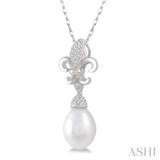 9X7 MM Drop Shape Cultured Pearl and 1/10 Ctw Round Cut Diamond Fleur De Lis Pendant With Chain in 10K White Gold
