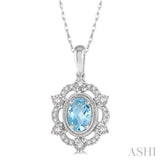 6x4 MM Oval Cut Aquamarine and 1/6 Ctw Round Cut Diamond Semi-Precious Pendant With Chain in 10K White Gold