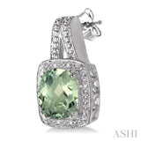 8x8 MM Cushion Shape Green Amethyst and 1/20 Ctw Round Cut Diamond Earrings in Sterling Silver