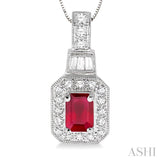 6x4 MM Emerald Shape Ruby and 1/4 Ctw Round and Baguette Cut Diamond Pendant in 14K White Gold with Chain