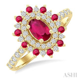 6X4 MM Oval Shape & 1.5 MM Round Cut Ruby and 3/8 Ctw Round Cut Diamond Floral Precious Ring in 14K Yellow Gold