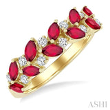 4X2 MM Leafy Marquise Cut Ruby and 1/5 Ctw Round Cut Diamond Precious Band in 14K Yellow Gold