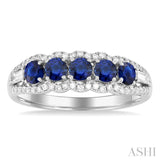 3.1 MM Round Sapphire and 1/4 Ctw Baguette and Round Cut Diamond 5-Stone Precious Ring in 14K White Gold