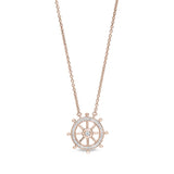 Rose gold finish sterling silver micropave ship's wheel necklace with simulated diamonds on 16 - 18 adjustable chain