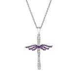 February Birthstone Angel Wing Cross Pendant
