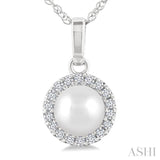 5 MM Cultured White Pearl and 1/20 Ctw Round Cut Diamond Halo Pendant With Chain in 10K White Gold