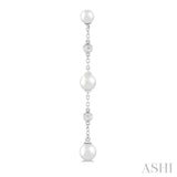 4 MM, 5 MM & 6 MM Round Shape Cultured Pearls and 1/10 Ctw Round Cut Diamond Station Long Earring in 14K White Gold