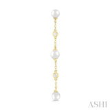4 MM Round Shape Cultured Pearl and 1/20 Ctw Round Cut Diamond Station Long Earrings in 14K Yellow Gold