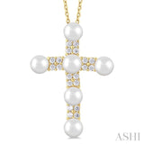 4 MM Cross Cultured Pearl and 1/5 Ctw Round Cut Diamond Semi-Precious Fashion Pendant With Chain in 10K Yellow Gold