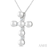 4 MM Cross Cultured Pearl and 1/6 Ctw Round Cut Diamond Fashion Pendant With Chain in 10K White Gold