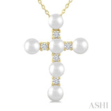 4 MM Cross Cultured Pearl and 1/6 Ctw Round Cut Diamond Fashion Pendant With Chain in 10K Yellow Gold