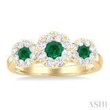 3.8 MM & 3 MM Emerald and 5/8 Ctw Round Cut Diamond Precious Lovebright Past Present and Future Ring in 14K Yellow Gold