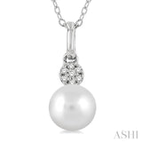 6 MM Round Shape Cultured Pearl and 1/50 Ctw Round Cut Diamond Petite Fashion Pendant With Chain in 10K White Gold