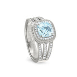 Platinum finish sterling silver micropave ring with simulated aquamarine and simulated diamonds