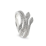 Platinum finish sterling silver micropave leaf ring with simulated diamonds