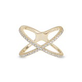 Gold finish sterling silver micropave criss-cross ring with simulated diamonds