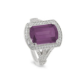 Platinum Finish Sterling Silver Micropave Emerald Cut Pink Stone Ring with Simulated Diamongs