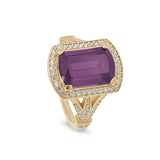 Gold Finish Sterling Silver Micropave Emerald Cut Pink Stone Ring with Simulated Diamongs