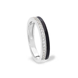 Platinum finish sterling silver micropave ring with with black enamel and simulated diamondss