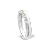 Platinum finish sterling silver micropave ring with with white enamel and simulated diamondss