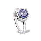 Platinum Finish Sterling Silver Flat Hexagon Synthetic Tanzanite Ring with synthetic Diamonds - Size 8