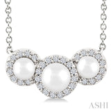 1/8 Ctw Past Present and Future 4 MM & 3 MM Cultured Pearl and Round Cut Diamond Halo Pendant With Chain in 14K White Gold