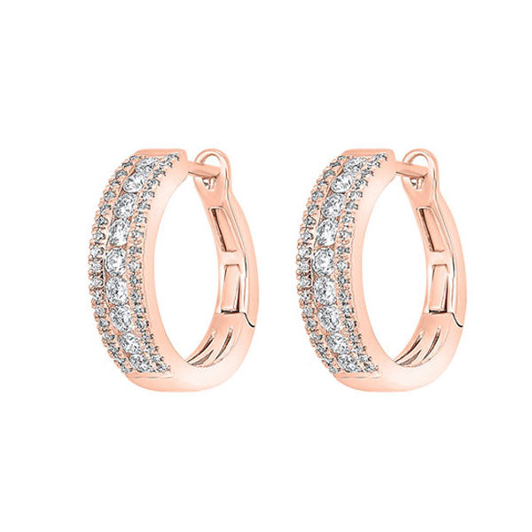 14KT Pink Gold & Diamond 3 Row Fashion Earrings   - 3/4 ctw