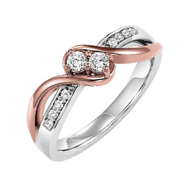 14KT White & Pink Gold & Diamond TWO Stone Jewelery Fashion Ring  - 1/5 ctw